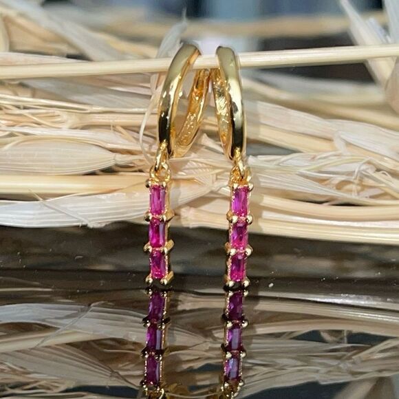 Gold Plated Dangle Huggie Hoop Earrings Dainty Minimalistic Silver CZ gems - Picture 1 of 3